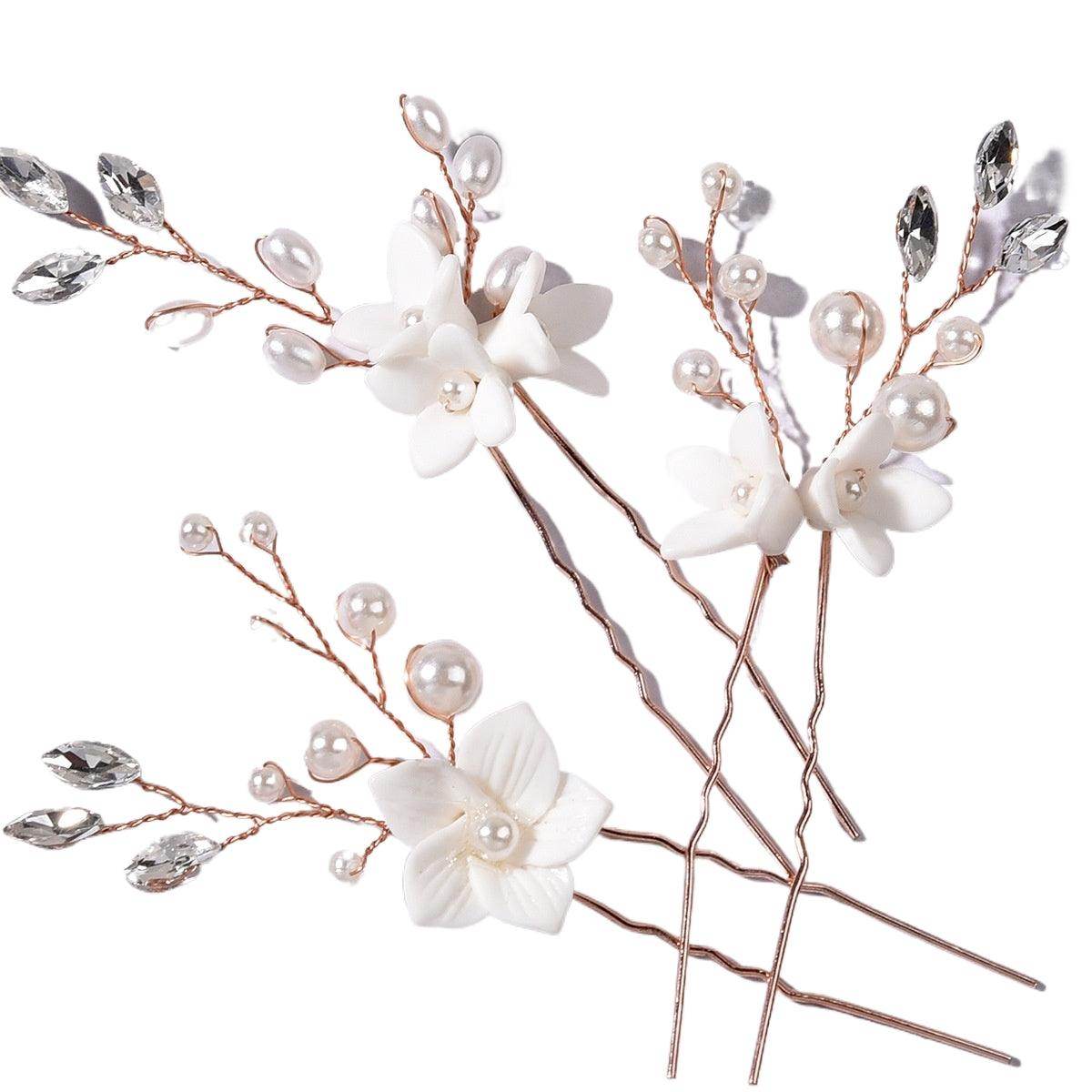 Bride wedding headwear White flower U-shaped Hairpins set of 3 684387483787 - COCOMELODY